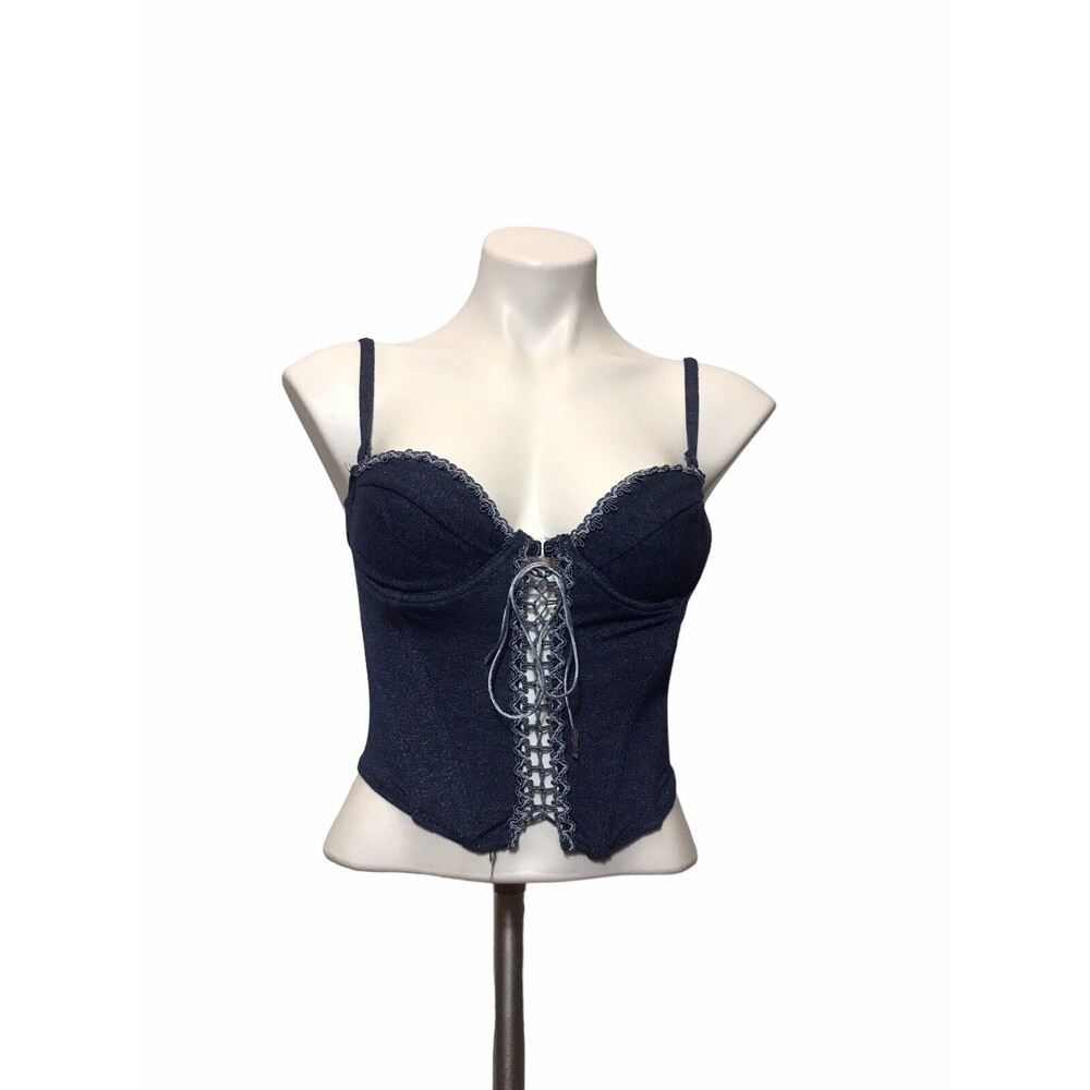 Shirley Of Hollywood Vintage 80s Lace Up Front Denim Look Corset‎